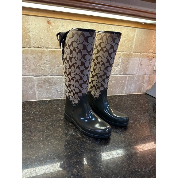 Coach Tristee Waterproof Rain Boots Corset Tie Dark Green with Brown Monogram 8 - Picture 1 of 7